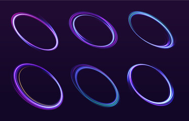 Neon light circle of speed in the form of a round whirlpool. Curve blue line light effect. Luminous spiral round frame.	