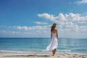Fototapeta na wymiar white-dressed woman against serene blues, ideal for travel banner, journeys and travel captures, seascape charm