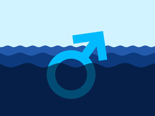 Masculinity crisis - male sex and gender symbol is sinking. Decline, deterioration, degradation of man, manliness and manhood. Vector illustration.