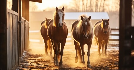 A Herd of Horses Stepping Out of the Stable on a Frosty Winter Day. Generative AI - obrazy, fototapety, plakaty