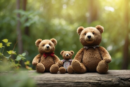 adorable teady-bears familly depicted in a serene natural setting, showcasing unity and togetherness amid the beauty of nature
