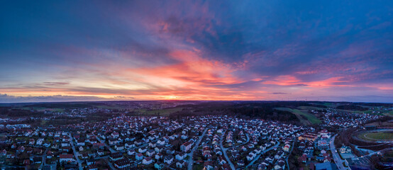 Panoramic sunset view across the Bavarian City of Pfaffenhofen - obrazy, fototapety, plakaty