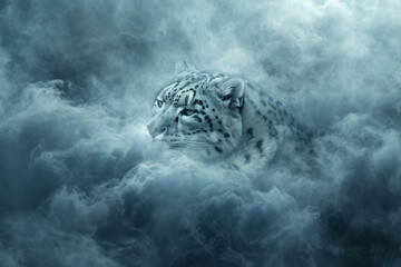 A snow leopard in a misty, otherworldly atmosphere, blurring the lines between reality and fantasy