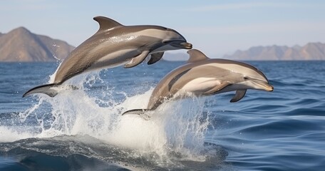 Two Common Dolphins Captured in the Act of Breaching Beautifully. Generative AI