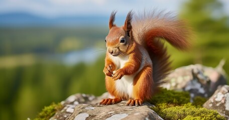 The Delightful Scene of a Red Squirrel Feeding Amidst Nature. Generative AI