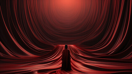 Generative AI. A figure stands before a vast, dramatic red curtain, evoking mystery and anticipation