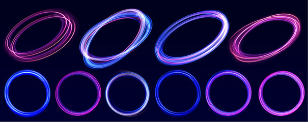 Curve blue line light effect neon swirl. Abstract ring background with glowing swirling background. Energy flow tunnel. Blue portal, platform. Magic circle vector.	