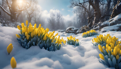 Blue and yellow snowdrops on the snow among the spring forest - 703985334