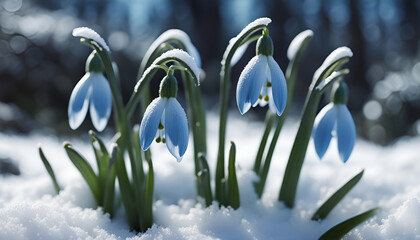 Blue snowdrops on the snow close-up - 703985378