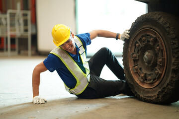 worker with accident at factory, Worker with injury from machine working