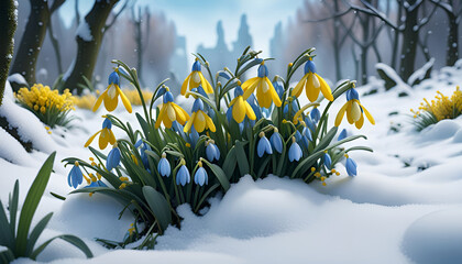 Blue and yellow spring flowers snowdrops on the snow among the spring forest - 703985521
