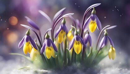 Purple and yellow snowdrops on the snow - 703985531