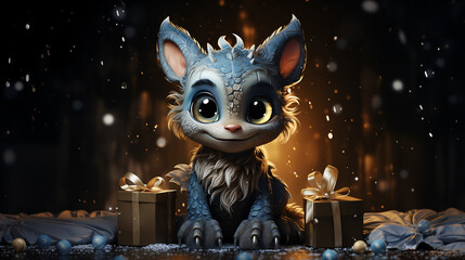 Generative AI. Cute, blue, fantasy creature smiles amidst snowfall and gifts