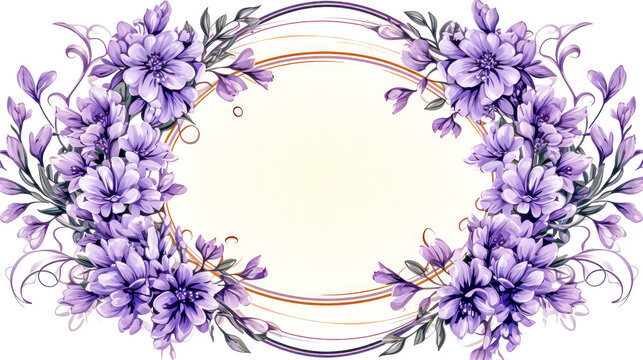 Vintage floral frame with purple flowers. Hand-drawn illustration.