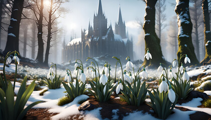 Purple snowdrops in the thaw on the snow among the spring forest and a Gothic castle in the background - 703985708
