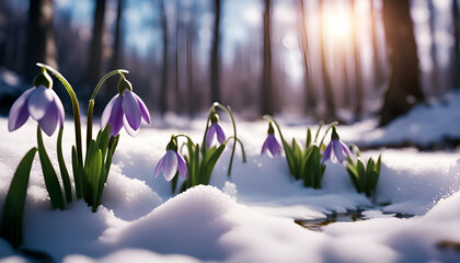 Purple snowdrops in the thaw on the snow among the spring forest - 703985791