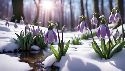 Purple snowdrops on the snow among the spring forest - 703985795