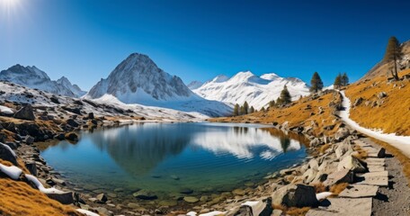 Winter mountains with colorful trees and snow. Generative AI