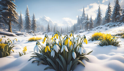 White and yellow spring flowers snowdrops on the snow among the mountain spring forest - 703985990
