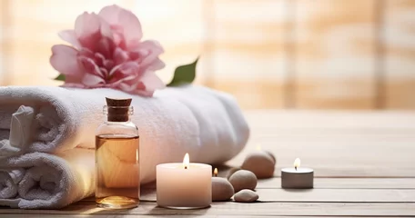 Foto op Canvas An Array of Organic Spa Products with Essential Rose Oil, Set Against a Wooden Background for a Relaxing and Healthy Lifestyle © Watasiwa