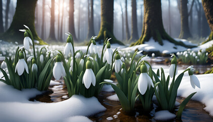 White snowdrops on the snow near a stream in the spring forest - 703986123