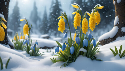 Yellow and blue spring flowers snowdrops on the snow among the spring forest - 703986129