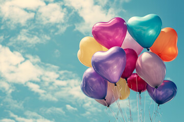 An image of heart-shaped balloons in various colors and sizes, forming a beautiful bouquet against a sky or romantic backdrop  - Powered by Adobe
