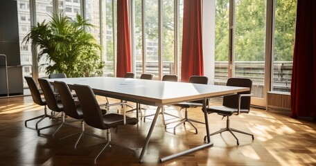 A Tranquil Scene of an Empty Board Room with Chairs and Conference Table. Generative AI