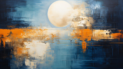 Generative AI. Abstract painting of a bright moon over a tranquil, dark blue and orange landscape
