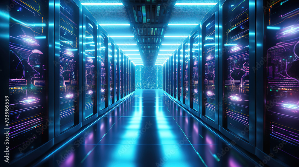 Poster shot of corridor in working data center full of rack servers and supercomputers