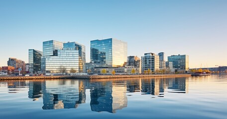 Fototapeta premium New Buildings Elegantly Reflecting on the Water's Facade. Generative AI