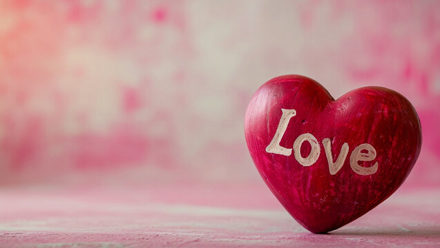 A red heart with the lyrics Love on it. Romantic image on pink background. Care and happiness, health. Valentine's Day.