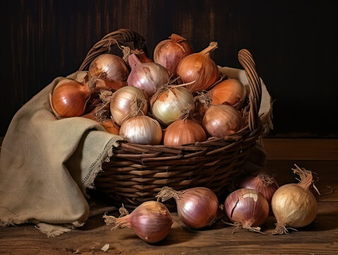 Onions in a basket on a wooden table, foodstuffs with a pungent taste