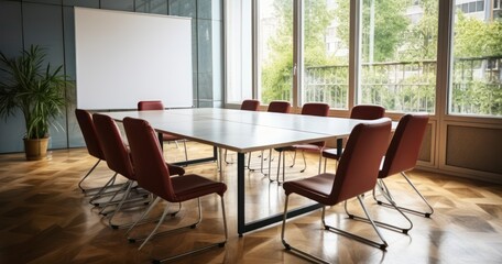 A Pristine View of an Unoccupied Board Room with Chairs and a Conference Table. Generative AI