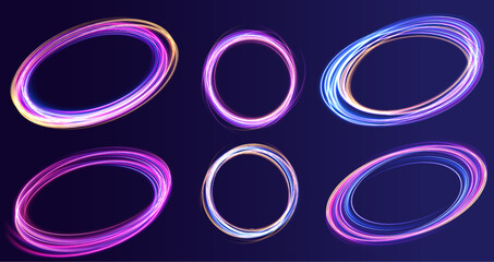 Curve blue line light effect neon swirl. Abstract ring background with glowing swirling background. Energy flow tunnel. Blue portal, platform. Magic circle vector.	