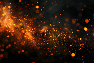 Abstract Glowing Fire Embers Scatter Across a Black Background, Creating a Mesmerizing Display of Sparkling Particles and Dark Glitter Lights