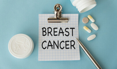 Breast cancer text on notepad, health concept background