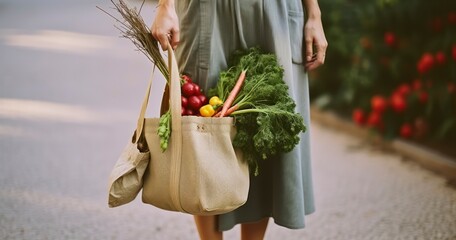 A Woman's Hands Clutching a Bag of Fresh Vegetables While Standing on a Footpath. Generative AI