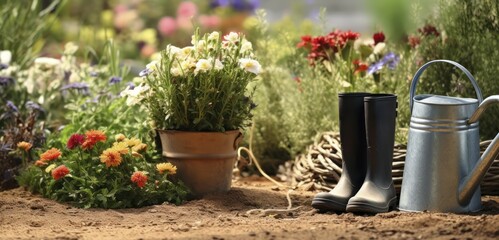A Lively Arrangement of Gardening Tools, a Vintage Watering Can, Boots Brimming with Wildflowers, and a Basket Amidst Flower Beds