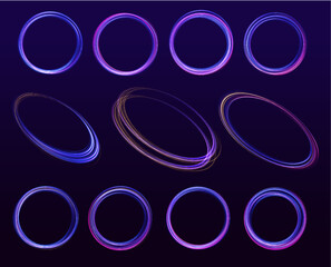 Set of neon blurry light circles at motion . Vector swirl trail effect. Abstract vector fire circles, sparkling swirls and energy light spiral frames.