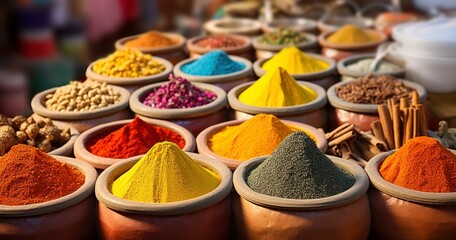 An Array of Colorful Indian Spices Lining the Stalls of a Traditional Market. Generative AI