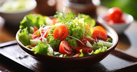 Fresh vegetable salad with greens on wooden table. Healthy vegetarian food. Generative AI