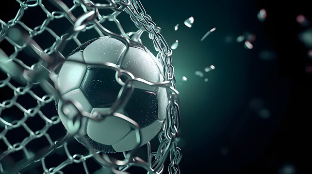 Soccer ball made of metal breaking metal net. Concept of football goal, with ball breaking the metal chain net, 3d illustration