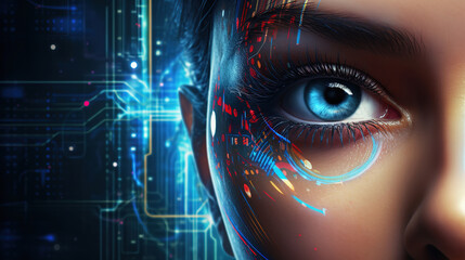 Future woman with cyber technology eye panel concept - obrazy, fototapety, plakaty