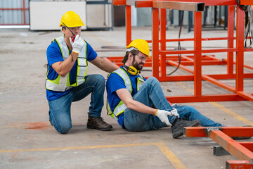 worker with accident at factory, Worker with injury from machine working