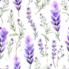 The seamless of watercolor lavender illustrations on white backgrounds