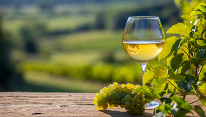 Verre de vin blanc dans les vignes et grappe de raisin dans un vignoble en France. - obrazy, fototapety, plakaty