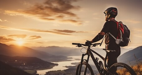 Fototapeta premium A Mountain Biker Captivated by the Sunset Over a Vast Valley. Generative AI