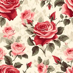 The seamless picture of the branches of vintage pink roses on cream color backgrounds, illustrations