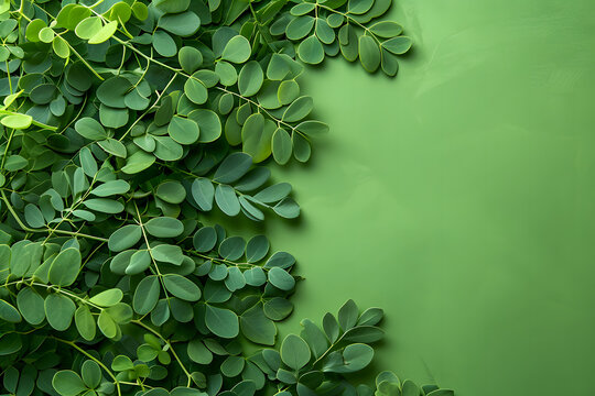 Top view of fresh moringa leaves on a vibrant green background, providing a refreshing and natural scene with ample copy space